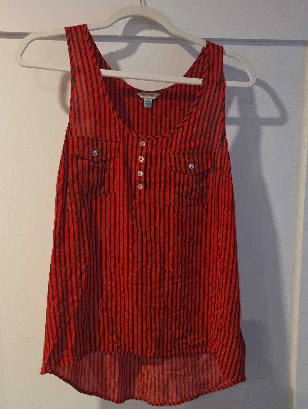 Guess Red and Black Striped Sleeveless Henley Tank Top